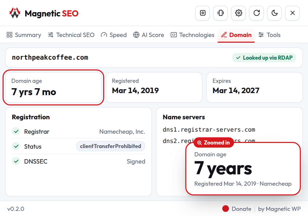 Domain tab with RDAP registration details and name servers, with a domain age of 7 years zoomed in