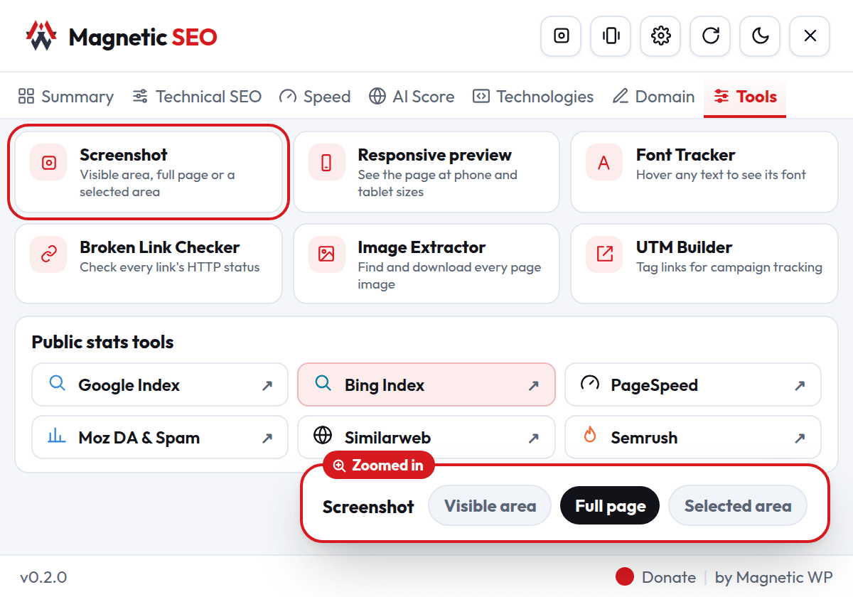 Tools tab with Screenshot, Responsive preview, Font Tracker, Broken Link Checker, Image Extractor and UTM Builder, plus public stats tool links, with screenshot capture options zoomed in