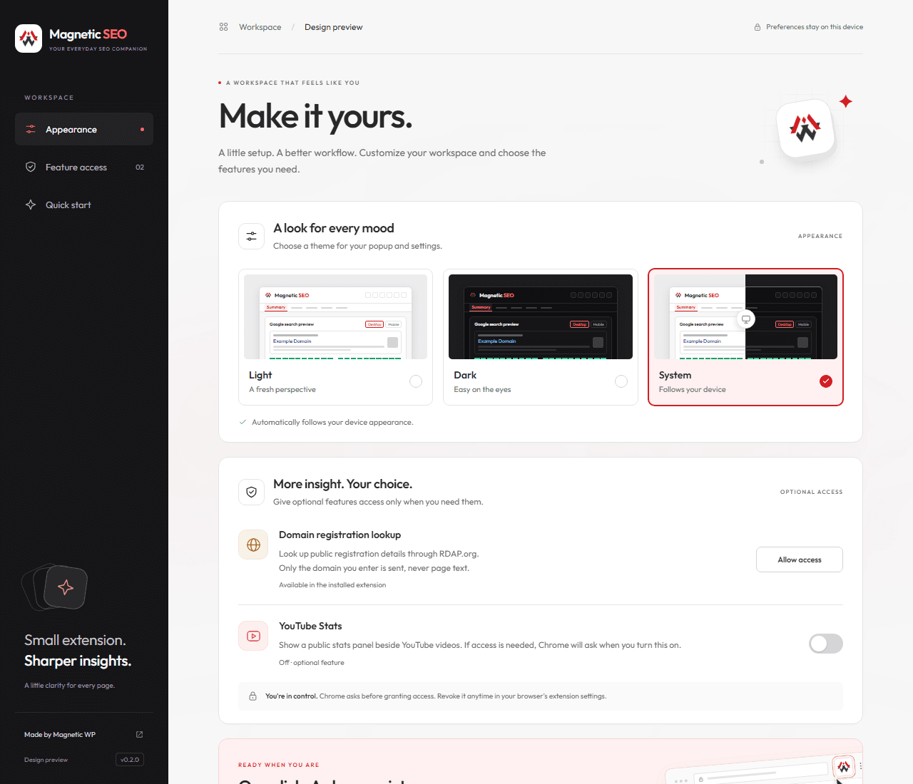 Magnetic SEO settings with theme options and privacy controls