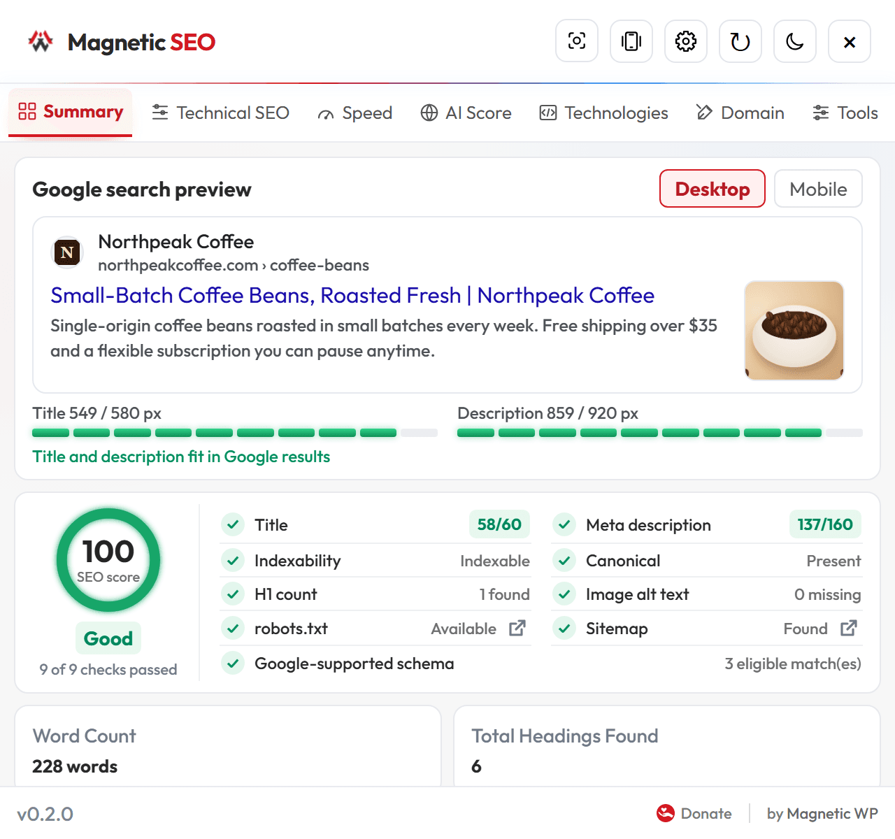 Magnetic SEO popup showing the Google search preview and an SEO score of 100